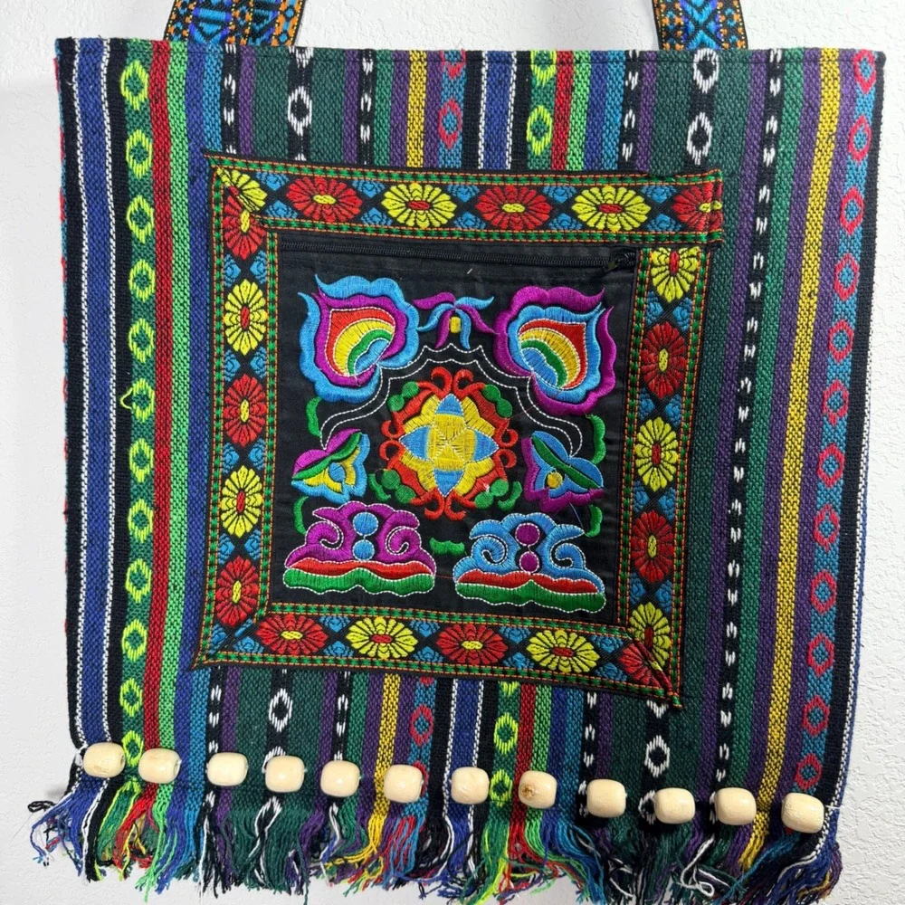 Boho Embroidered Woven Tote Bag Multi-Color‎ Striped Fringe Wooden Beads Artisan